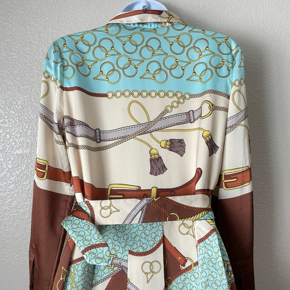 Marciano by Guess Dress US 2 Brown Teal Equestrian Scarf Print Belted Western - Picture 7 of 12